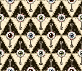 Seamless vintage pattern with rhombus grid of bones, human eyeballs with direct look. Geometric rhombus grid. Classical background for Halloween decoration. Vector illustration