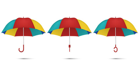 Vector 3d Realistic Multicolored Blank Umbrella Set Isolated on White Background. Design Template of Opened Parasol, Front View