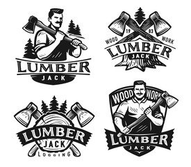 Lumberjack badge set. Woodwork, felling trees emblem. Wood industry monochrome labels set. Vector illustration isolated - obrazy, fototapety, plakaty