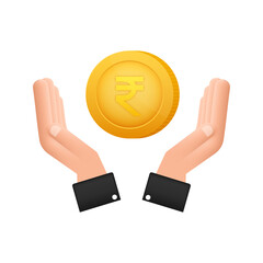 Rupee coin with hand, great design for any purposes. Flat style vector illustration. Currency icon.