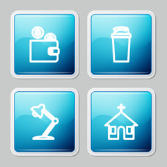 Set line Wallet with coin, Fitness shaker, Table lamp and Church building icon. Vector