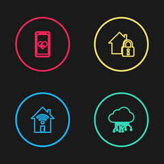 Set line Smart home with wi-fi, Internet of things, House under protection and Mobile heart rate icon. Vector
