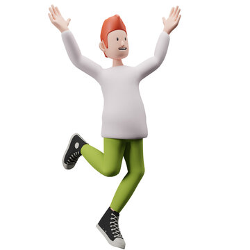 PNG 3d render of a boy running with both hands in the air