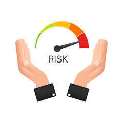 Risk icon on speedometer in hands. High risk meter. Vector stock illustration.