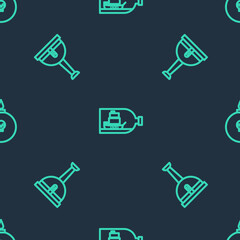 Set line Bottle with ship inside, Wooden pirate leg and Bomb ready to explode on seamless pattern. Vector