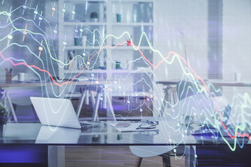 Multi exposure of stock market chart drawing and office interior background. Concept of financial analysis.