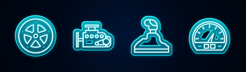 Set line Car wheel, engine, Gear shifter and Speedometer. Glowing neon icon. Vector