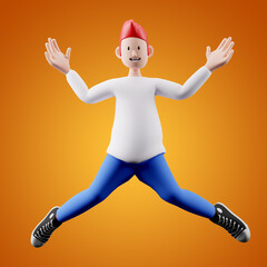 A happy character of a 3d boy jumping with all four limbs ıin the air on a yellow background
