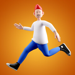 3d character of a running child looking at the camera on a vibrant yellow background