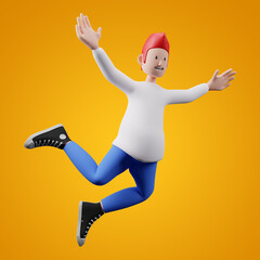 happy 3d jumping character on a vibrant yellow background