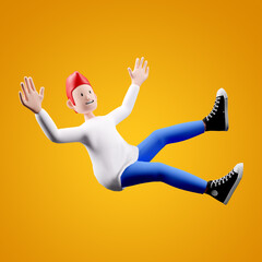 3d character of a happy falling down 
with a yellow background