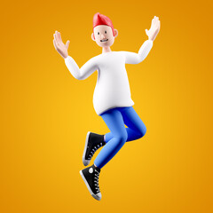 3d character of a child jumping in the air on a yellow background