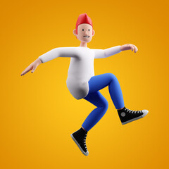 Fototapeta na wymiar 3d render jumping child jumping on a yellow background