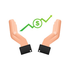 Profit money or budget. Cash and rising graph arrow up in hands. Capital earnings, benefit. Vector stock illustration.