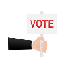 Vote placard in cartoon style on blue background. Cartoon icon on blue backdrop. Vector illustration.
