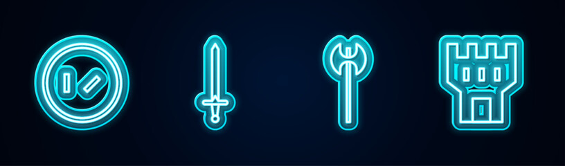 Set line Round wooden shield, Medieval sword, axe and Castle tower. Glowing neon icon. Vector - obrazy, fototapety, plakaty