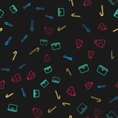 Set line Disposable plastic spoon, Lunch box, Drinking straw and Garbage bag on seamless pattern. Vector