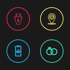 Set line Smartphone with download, Wedding rings, Map pointer heart and Electric plug icon. Vector