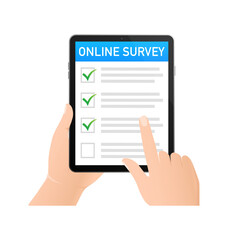 Checklist on tablet screen. Online survey concept. Hand holds tablet and check list with checkmark. Icon for mobile app design. Vector illustration.