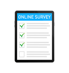 Checklist on tablet screen. Online survey concept. Hand holds tablet and check list with checkmark. Icon for mobile app design. Vector illustration.