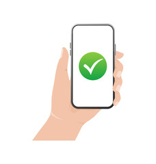 Modern flat icon with green smartphone done mark. Modern cartoon green icon. Web design. Vector illustration.