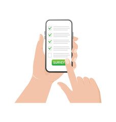 Checklist on smartphone screen. Online survey concept. Hand holds mobile phone and check list with checkboxes and checkmark. Icon for mobile app design. Vector illustration.