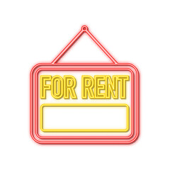 For rent red neon sign on blue background. House, property, rent. Vector stock illustration.