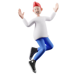 3d boy character model in a jumping celebratory mood