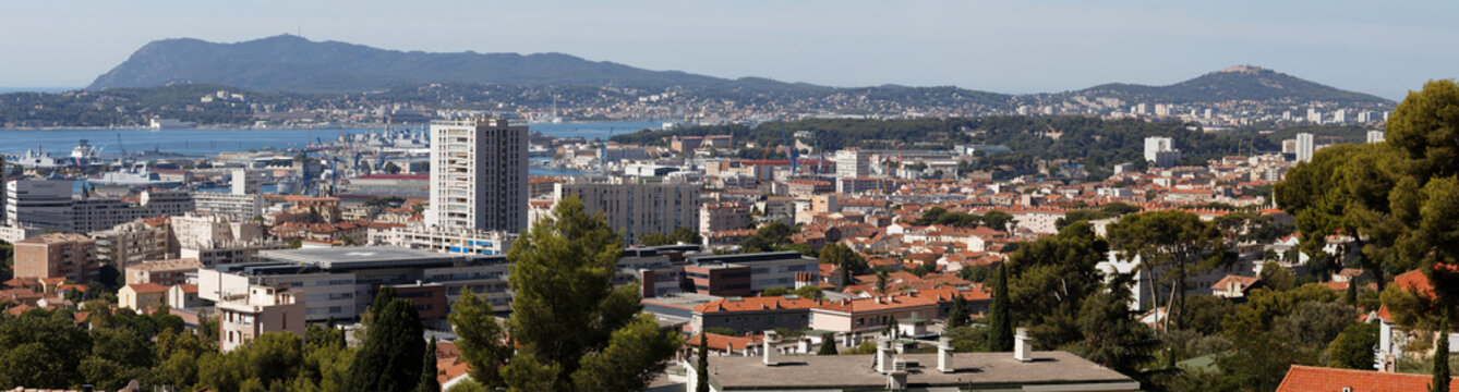 A scenic view of the city of Toulon from a hill called Mount Faron .