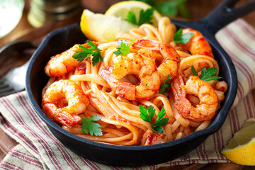 Pasta with shrimps on table