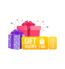 3d advertising with gift voucher presents people for concept design. Sale, discount, special offer concept. Modern gift voucher presents people, great design for any purposes. Vector illustration.