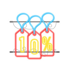 10 percent OFF Sale Discount neon tag. Discount offer price tag. 10 percent discount promotion flat icon with long shadow. Vector illustration