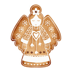 Gingerbread angel. Watercolor Christmas illustration. New Year holiday decor. Winter traditional cookie with ornament. Isolated on white background.