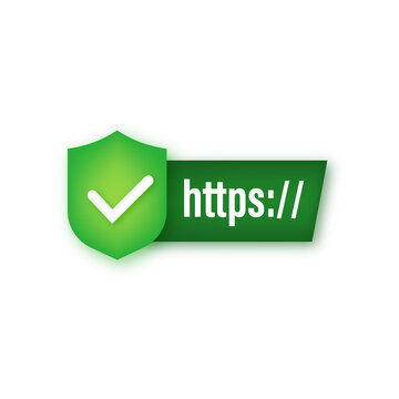 Neon style http and https protocols on shield, on dark background. Vector stock illustration