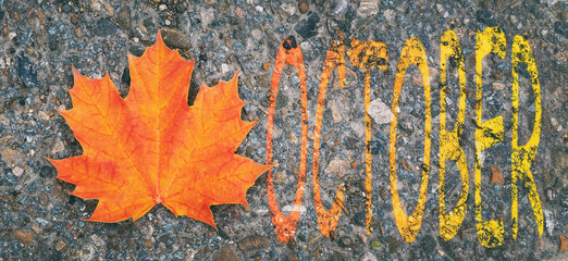 maple orange leaf lies on asphalt with the inscription October