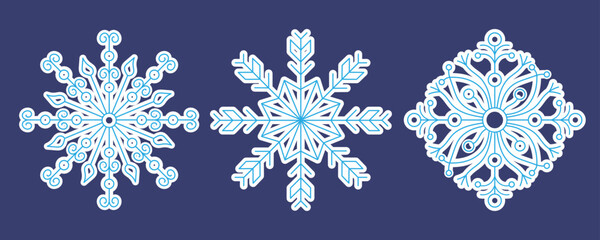 A collection of three blue snowflakes in the style of cut paper on a blue background. Isolated vector design. A collection of snowflakes on white paper for postcards, banners and other designs.
