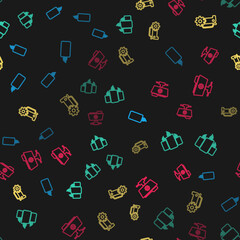 Set line Burning candle, candles, Car service and FTP settings folder on seamless pattern. Vector