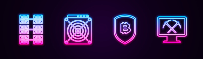 Set line Mining farm, ASIC Miner, Shield with bitcoin and monitor and pickaxe. Glowing neon icon. Vector