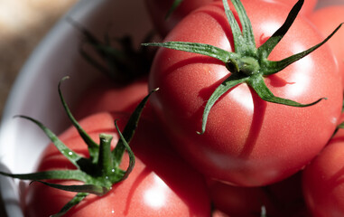 Ripe tomatoes isolated. Red vegetables in close-up. Tasty looking ripe tomatoes with green shanks.