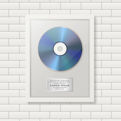 Realistic Vector 3d Blue CD and Label with White Frame on Brick Wall Background. Single Album Compact Disc Award, Limited Edition. Design Template