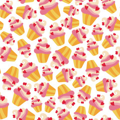 Seamless cake pattern. Vector illustration for background. Texture of sweet cupcakes in cartoon style.