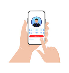 Log in tablet hands, great design for any purposes. Vector illustration flat design. Laptop screen. Phone icon vector. Cartoon button with log in tablet hands.