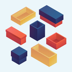 Set of empty colored present boxes. Isometric vector containers.
