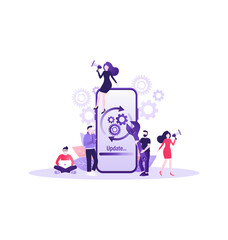 Cartoon software update people for mobile app design. Isometric vector illustration. Mobile application design. Technology network vector illustration.