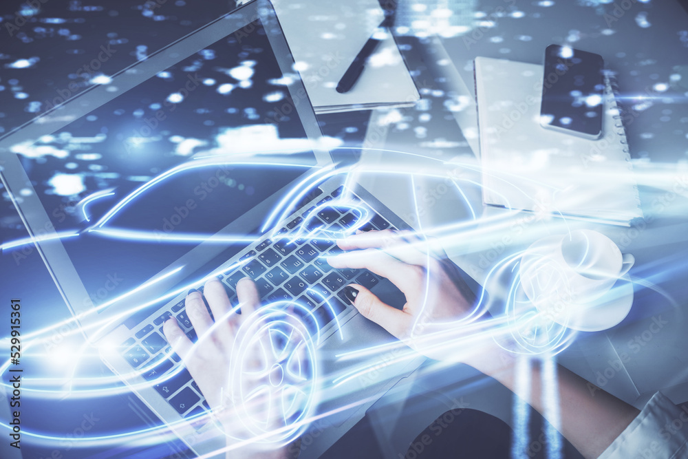Poster double exposure of woman hands typing on computer and automobile theme drawing. high tech concept.