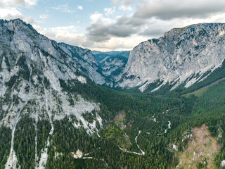 The landscape around the famous Grüner see - Green lake in the Styria, Austria from drone view