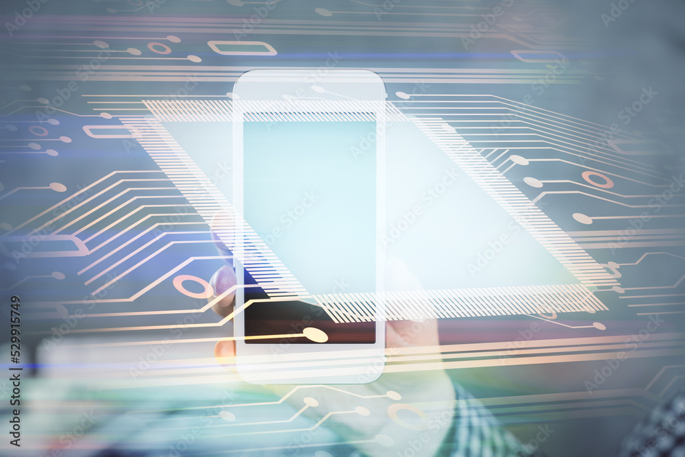 Aufkleber Double exposure of man's hand holding and using a digital device and data theme hologram drawing. Technology concept.