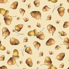 Watercolor acorns on beige background. Vector seamless pattern. Handmade vector image for wrapping, wallpaper or covers.