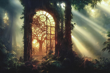 Fototapeta premium A large arch-shaped window, a portal in the Dark Mystical Forest, the sun's rays pass through the window and trees, shadows. Fantasy beautiful forest fantasy landscape. 3D illustration. 