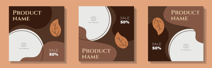 Autumn theme social media post, digital banner set, fall season advertisement concept, warm, brown marketing square ad template, seasonal sale offer abstract print, isolated on background